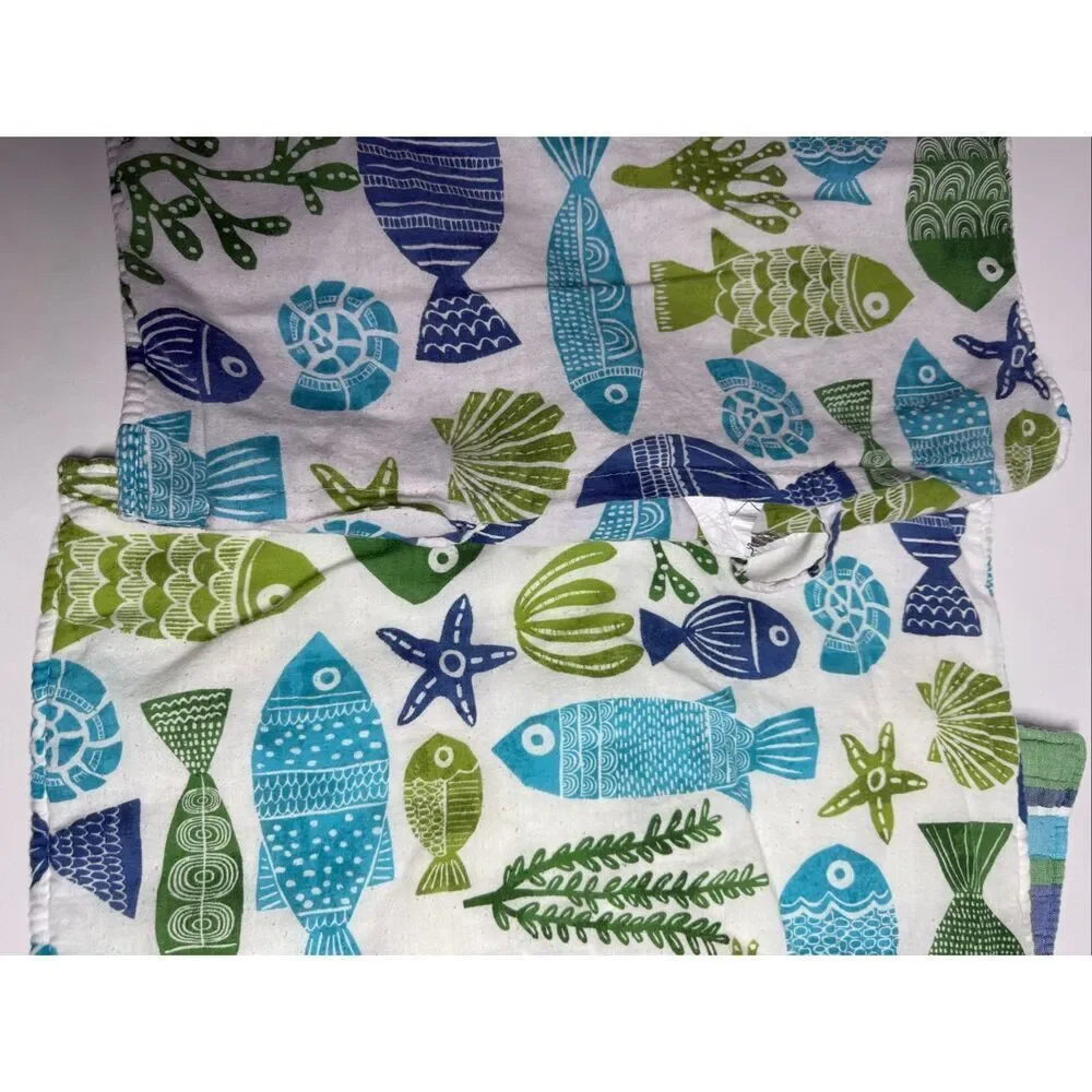Vintage Sea Life Reversible Cotton Quilt 89”x89” 3 Piece Set See Description
